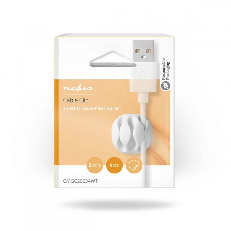 Nedis Cable Management | Cable Clip | Click and Go | 4 pcs | Number of slots: 3 Slots | Maximum cable thickness: 5.3 mm | TPE | White Nedis Cable Management | Cable Clip | Click and Go | 4 pcs | Number of slots: 3 Slots | Maximum cable thickness: 5.3 mm | TPE | White