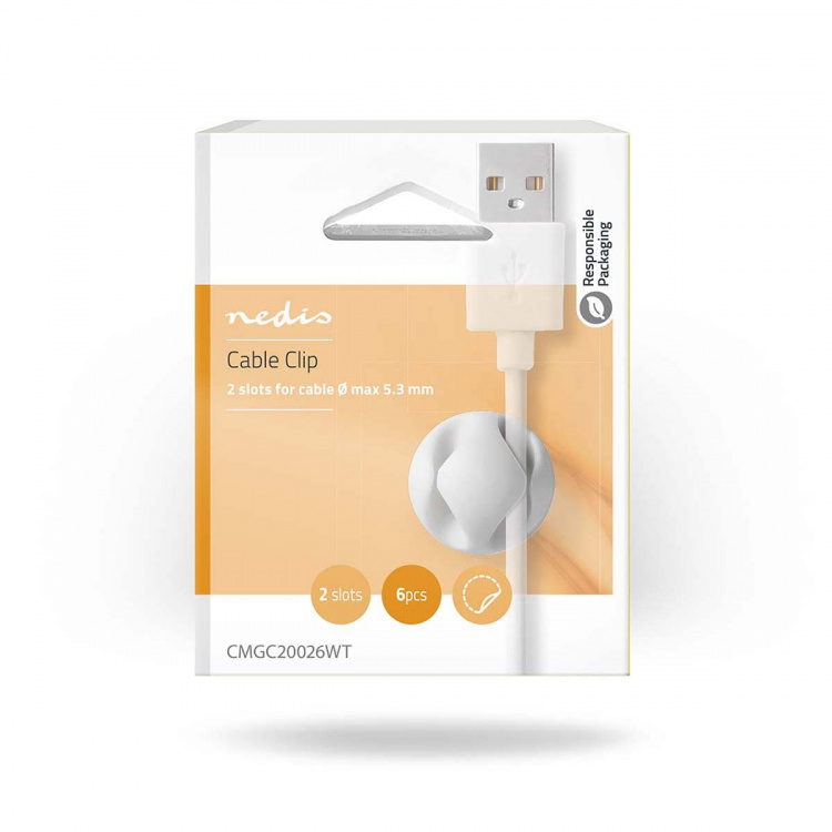 Nedis Cable Management | Cable Clip | Click and Go | 6 pcs | Number of slots: 2 Slots | Maximum cable thickness: 5.3 mm | TPE | White