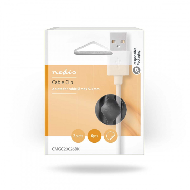 Nedis Cable Management | Cable Clip | Click and Go | 6 pcs | Number of slots: 2 Slots | Maximum cable thickness: 5.3 mm | TPE | Black Nedis Cable Management | Cable Clip | Click and Go | 6 pcs | Number of slots: 2 Slots | Maximum cable thickness: 5.3 mm | TPE | Black