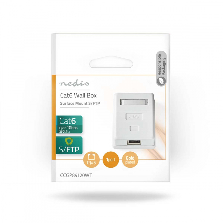 Nedis Network Wall Box | On-Wall | 1 port(s) | STP CAT6 | Straight | Female | Gold Plated | PVC | White | Envelope