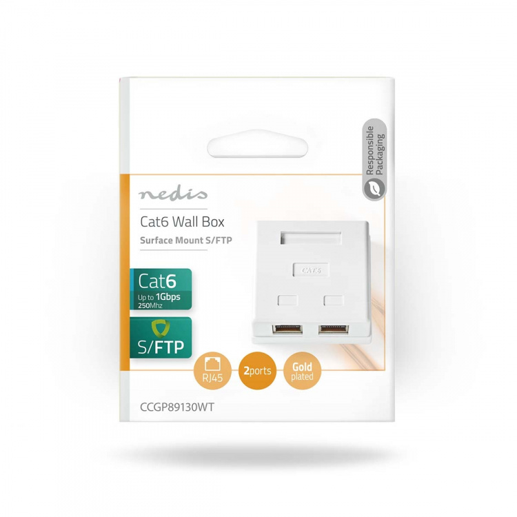 Nedis Network Wall Box | Surface Mount | 2 port(s) | STP CAT6 | Straight | Female | Gold Plated | PVC | White | Envelope Nedis Network Wall Box | Surface Mount | 2 port(s) | STP CAT6 | Straight | Female | Gold Plated | PVC | White | Envelope