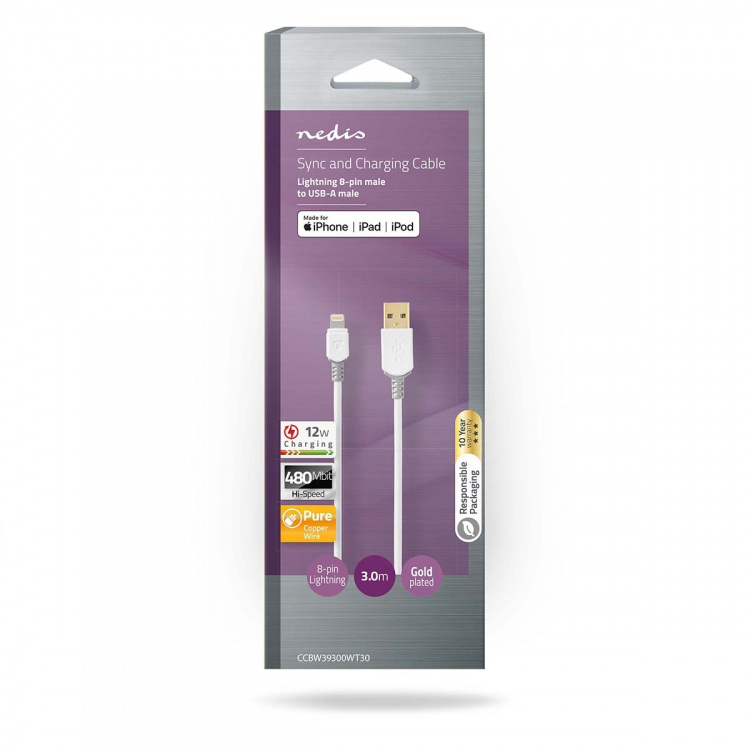Nedis Lightning Cable | USB 2.0 | Apple Lightning 8-Pin | USB-A Male | 480 Mbps | Gold Plated | 3.00 m | Round | PVC | Grey / White | Box