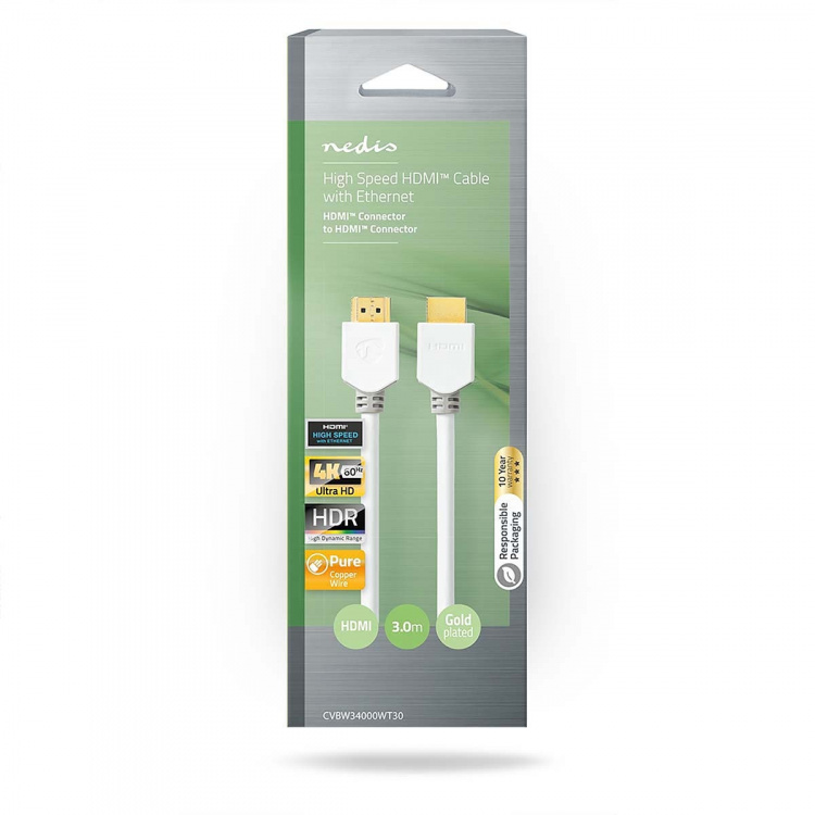 Nedis High Speed HDMI™ Cable with Ethernet | HDMI™ Connector | HDMI™ Connector | 4K@60Hz | ARC | 18 Gbps | 3.00 m | Round | PVC | White | Box Nedis High Speed HDMI™ Cable with Ethernet | HDMI™ Connector | HDMI™ Connector | 4K@60Hz | ARC | 18 Gbps | 3.00 m | Round | PVC | White | Box