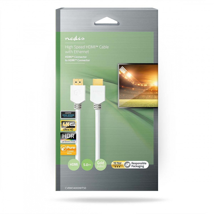 Nedis High Speed HDMI™ Cable with Ethernet | HDMI™ Connector | HDMI™ Connector | 4K@60Hz | ARC | 18 Gbps | 5.00 m | Round | PVC | White | Box Nedis High Speed HDMI™ Cable with Ethernet | HDMI™ Connector | HDMI™ Connector | 4K@60Hz | ARC | 18 Gbps | 5.00 m | Round | PVC | White | Box