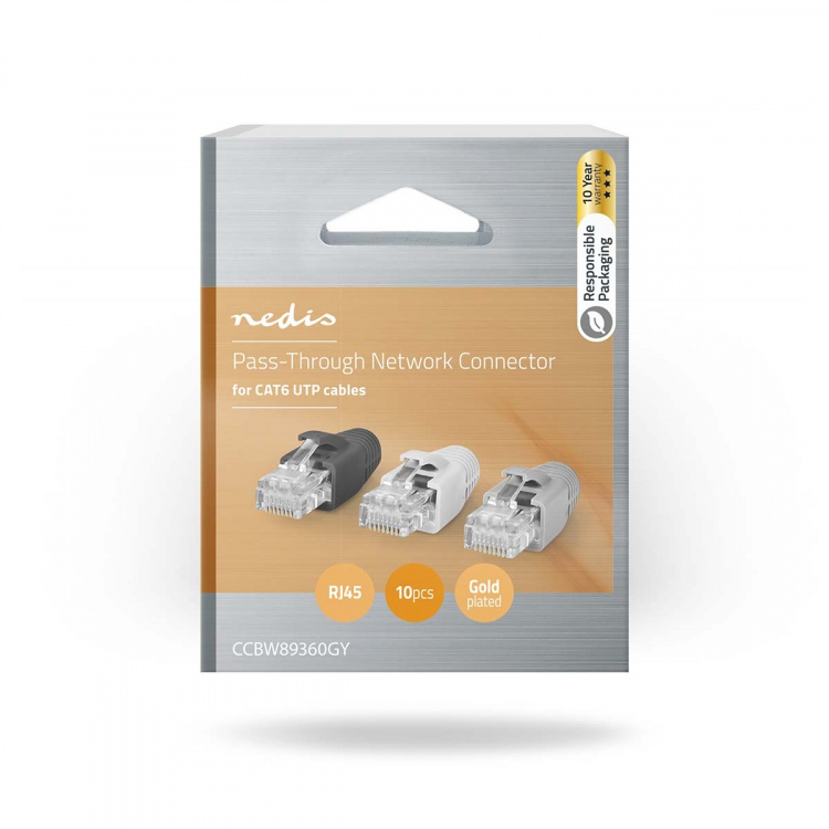 Nedis RJ45 Connector | RJ45 Pass Through | Solid/Stranded UTP CAT6 | Straight | Gold Plated | 10 pcs | Polycarbonate | Black / Grey / White | Box