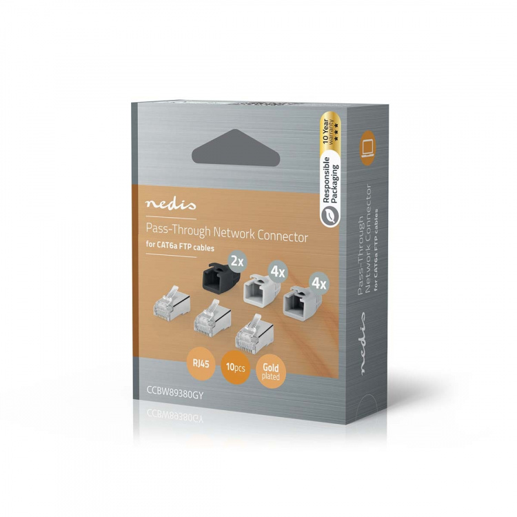 Nedis RJ45 Connector | RJ45 Pass Through | Solid/Stranded FTP CAT6a | Straight | Gold Plated | 10 pcs | Polycarbonate | Black / Grey / White | Box Nedis RJ45 Connector | RJ45 Pass Through | Solid/Stranded FTP CAT6a | Straight | Gold Plated | 10 pcs | Polycarbonate | Black / Grey / White | Box