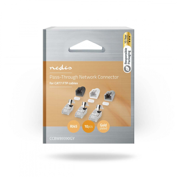 Nedis RJ45 Connector | RJ45 Pass Through | Solid/Stranded FTP CAT7 | Straight | Gold Plated | 10 pcs | Polycarbonate | Black / Grey / White | Box Nedis RJ45 Connector | RJ45 Pass Through | Solid/Stranded FTP CAT7 | Straight | Gold Plated | 10 pcs | Polycarbonate | Black / Grey / White | Box