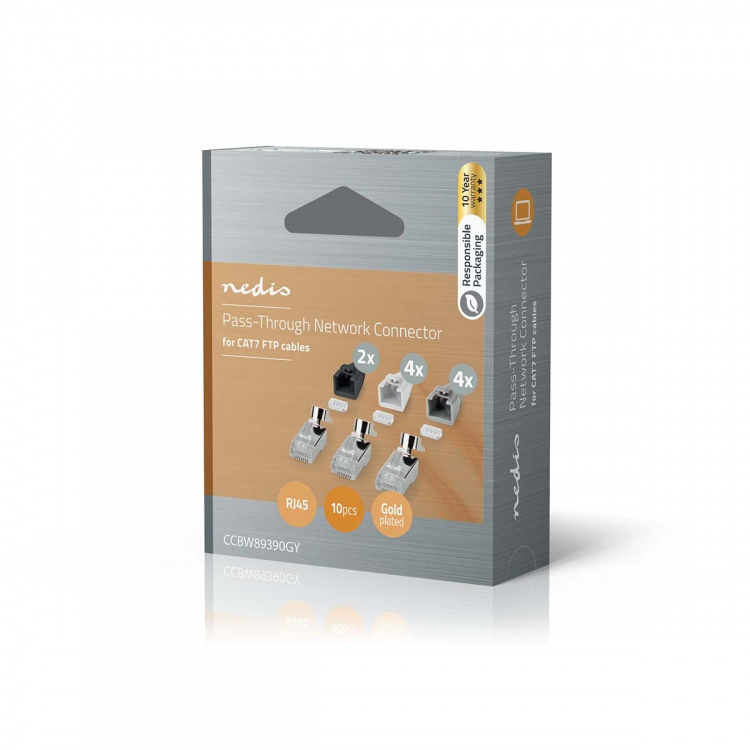 Nedis RJ45 Connector | RJ45 Pass Through | Solid/Stranded FTP CAT7 | Straight | Gold Plated | 10 pcs | Polycarbonate | Black / Grey / White | Box Nedis RJ45 Connector | RJ45 Pass Through | Solid/Stranded FTP CAT7 | Straight | Gold Plated | 10 pcs | Polycarbonate | Black / Grey / White | Box