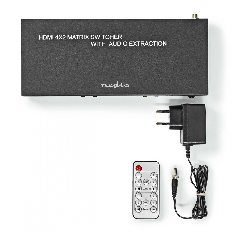 Nedis HDMI™ Matrix Switch | 4 x 2 port(s) | 4x HDMI™ Input | 2x 3.5 mm / 2x HDMI™ Output / 2x TosLink | 4K@60Hz | 18 Gbps | Remote controlled | Metal | Anthracite Nedis HDMI™ Matrix Switch | 4 x 2 port(s) | 4x HDMI™ Input | 2x 3.5 mm / 2x HDMI™ Output / 2x TosLink | 4K@60Hz | 18 Gbps | Remote controlled | Metal | Anthracite