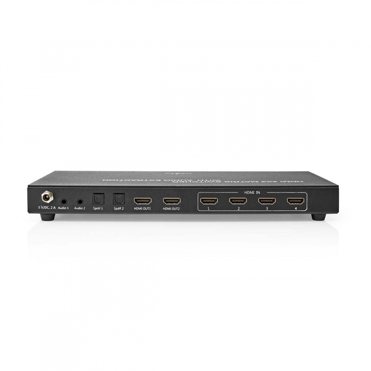 Nedis HDMI™ Matrix Switch | 4 x 2 port(s) | 4x HDMI™ Input | 2x 3.5 mm / 2x HDMI™ Output / 2x TosLink | 4K@60Hz | 18 Gbps | Remote controlled | Metal | Anthracite Nedis HDMI™ Matrix Switch | 4 x 2 port(s) | 4x HDMI™ Input | 2x 3.5 mm / 2x HDMI™ Output / 2x TosLink | 4K@60Hz | 18 Gbps | Remote controlled | Metal | Anthracite