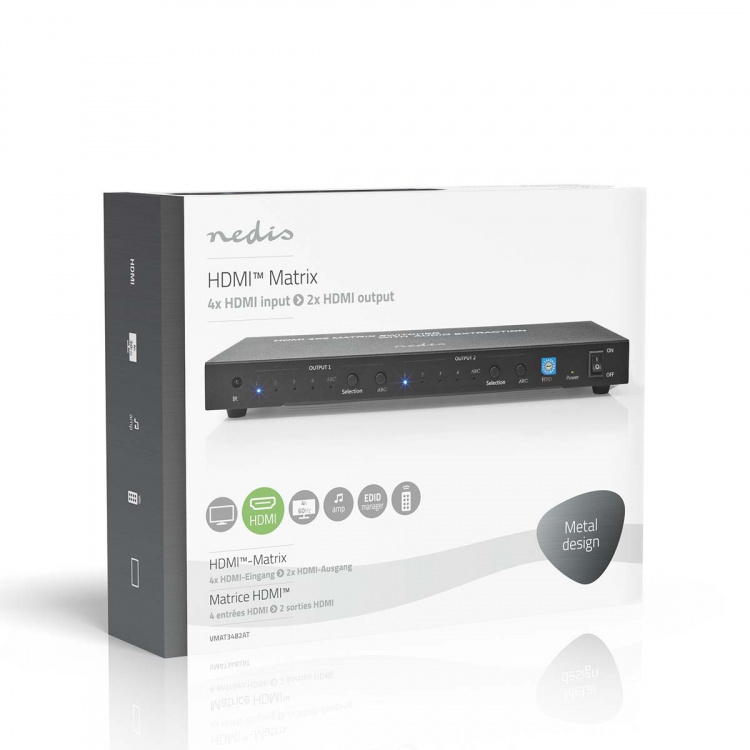 Nedis HDMI™ Matrix Switch | 4 x 2 port(s) | 4x HDMI™ Input | 2x 3.5 mm / 2x HDMI™ Output / 2x TosLink | 4K@60Hz | 18 Gbps | Remote controlled | Metal | Anthracite Nedis HDMI™ Matrix Switch | 4 x 2 port(s) | 4x HDMI™ Input | 2x 3.5 mm / 2x HDMI™ Output / 2x TosLink | 4K@60Hz | 18 Gbps | Remote controlled | Metal | Anthracite