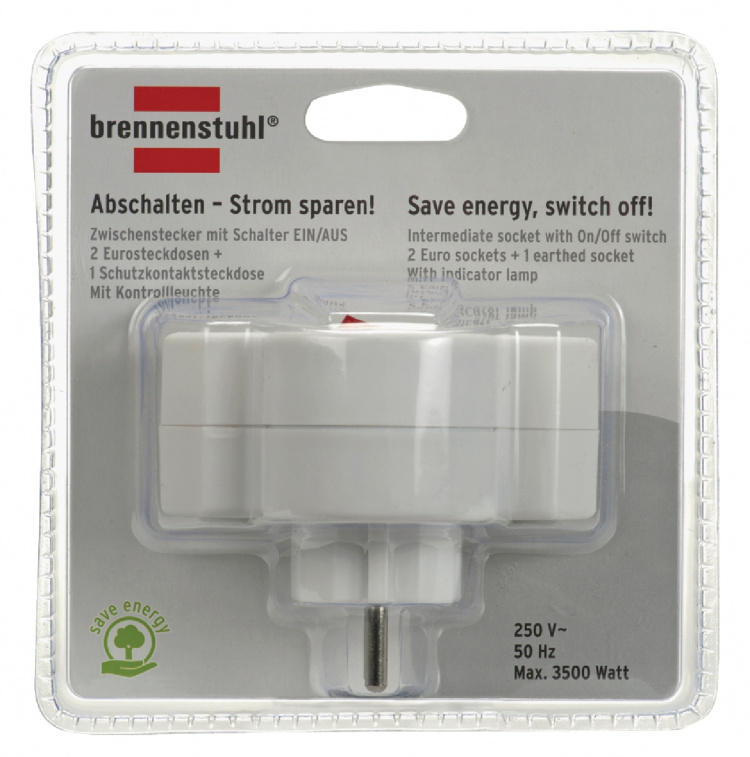 brennenstuhl Power Socket Splitter On/Off Switch 1x Plug With Earth Contact / 2x Euro White