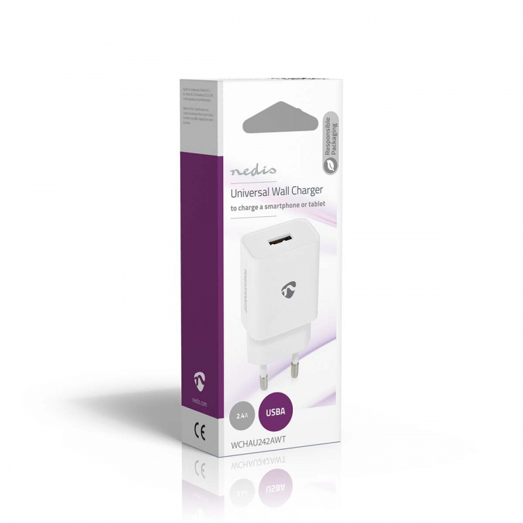 Nedis Wall Charger | Quick charge feature | 1x 2.4 A | Number of outputs: 1 | USB-A | No Cable Included | Single Voltage Output | White