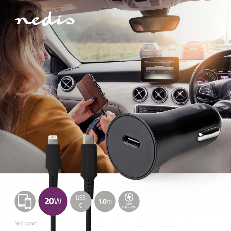 Nedis Car Charger | 1.67 / 2.22 / 3.0 A | Number of outputs: 1 | Port type: USB-C™ | Lightning 8-Pin (Loose) Cable | 1.00 m | Automatic Voltage Selection Nedis Car Charger | 1.67 / 2.22 / 3.0 A | Number of outputs: 1 | Port type: USB-C™ | Lightning 8-Pin (Loose) Cable | 1.00 m | Automatic Voltage Selection