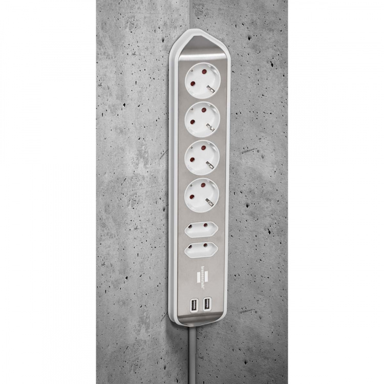 brennenstuhl Estilo 6-way corner socket strip with high-quality stainless steel surface for kitchen and office (desk socket with 4x protective contact sockets, 2x Euro sockets, incl. USB charging function) silver / white brennenstuhl Estilo 6-way corner socket strip with high-quality stainless steel surface for kitchen and office (desk socket with 4x protective contact sockets, 2x Euro sockets, incl. USB charging function) silver / white