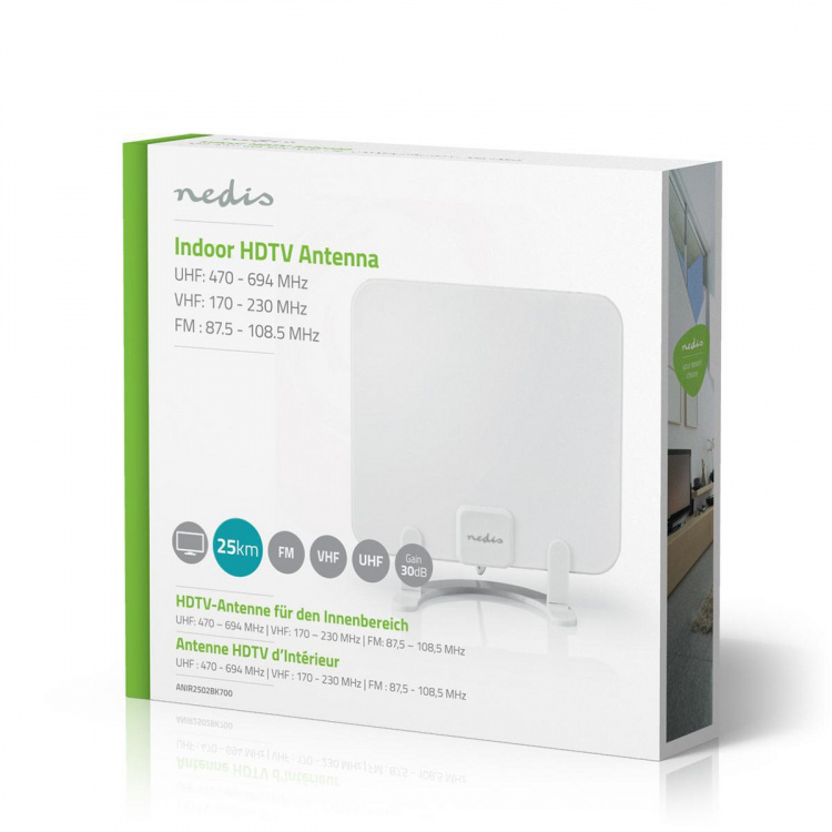 Nedis Indoor HDTV Antenna | Active | FM / UHF / VHF | Reception range: 0-25 km | LTE700 | Gain: 30 dB | ABS | White Nedis Indoor HDTV Antenna | Active | FM / UHF / VHF | Reception range: 0-25 km | LTE700 | Gain: 30 dB | ABS | White