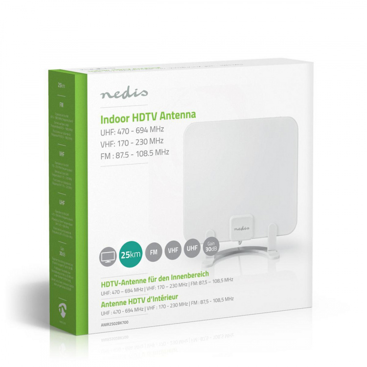 Nedis Indoor HDTV Antenna | Active | FM / UHF / VHF | Reception range: 0-25 km | LTE700 | Gain: 30 dB | ABS | White Nedis Indoor HDTV Antenna | Active | FM / UHF / VHF | Reception range: 0-25 km | LTE700 | Gain: 30 dB | ABS | White