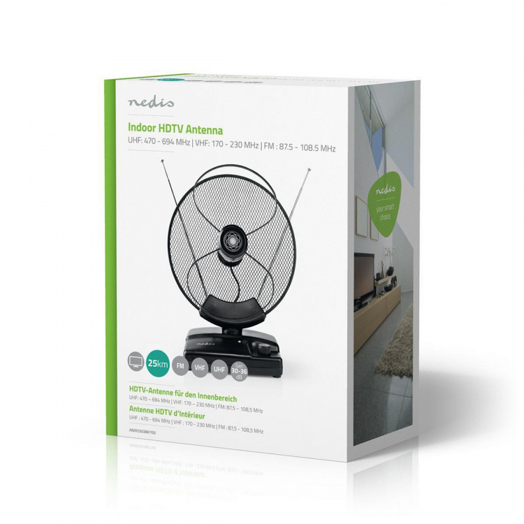 Nedis Indoor HDTV Antenna | Active | FM / UHF / VHF | Reception range: 0-25 km | LTE700 | Gain: 36 dB | Gain control | ABS | Black Nedis Indoor HDTV Antenna | Active | FM / UHF / VHF | Reception range: 0-25 km | LTE700 | Gain: 36 dB | Gain control | ABS | Black