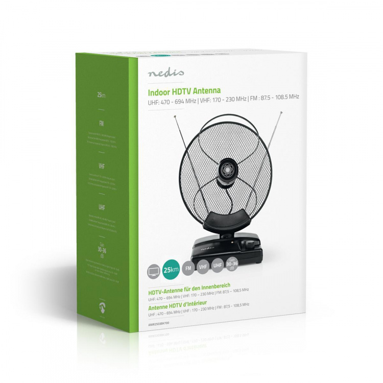 Nedis Indoor HDTV Antenna | Active | FM / UHF / VHF | Reception range: 0-25 km | LTE700 | Gain: 36 dB | Gain control | ABS | Black Nedis Indoor HDTV Antenna | Active | FM / UHF / VHF | Reception range: 0-25 km | LTE700 | Gain: 36 dB | Gain control | ABS | Black
