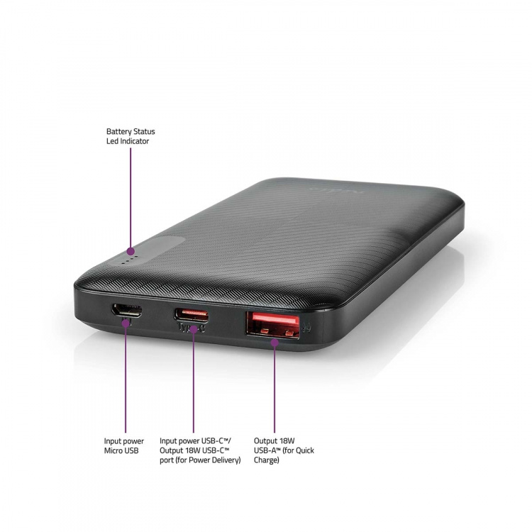 Nedis Powerbank | 10000 mAh | 1.5 / 2.0 / 3.0 A | Number of outputs: 2 | Output connection: 1x USB-A / 1x USB-C™ | Input connection: 1x Micro USB / 1x USB-C™ | PD2.0 18W | Lithium-Polymer Nedis Powerbank | 10000 mAh | 1.5 / 2.0 / 3.0 A | Number of outputs: 2 | Output connection: 1x USB-A / 1x USB-C™ | Input connection: 1x Micro USB / 1x USB-C™ | PD2.0 18W | Lithium-Polymer