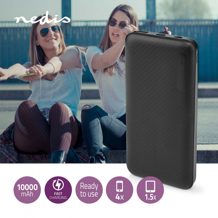 Nedis Powerbank | 10000 mAh | 1.5 / 2.0 / 3.0 A | Number of outputs: 2 | Output connection: 1x USB-A / 1x USB-C™ | Input connection: 1x Micro USB / 1x USB-C™ | PD2.0 18W | Lithium-Polymer Nedis Powerbank | 10000 mAh | 1.5 / 2.0 / 3.0 A | Number of outputs: 2 | Output connection: 1x USB-A / 1x USB-C™ | Input connection: 1x Micro USB / 1x USB-C™ | PD2.0 18W | Lithium-Polymer