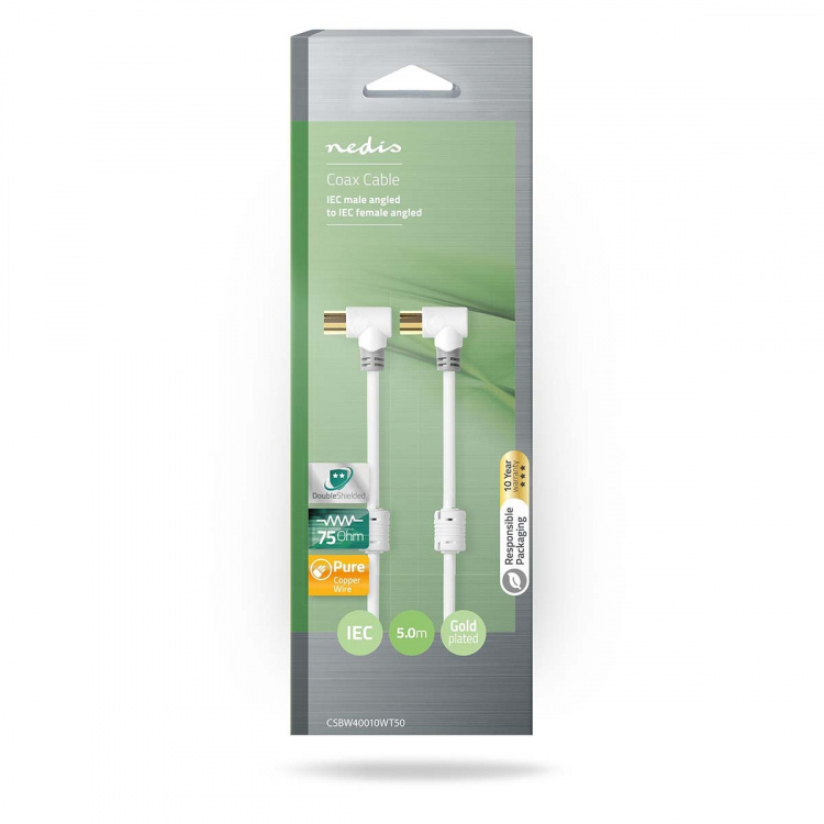 Nedis Coax Cable | IEC (Coax) Male | IEC (Coax) Female | Gold Plated | 100 dB | 75 Ohm | Double Shielded | 5.00 m | Round | PVC | White | Box
