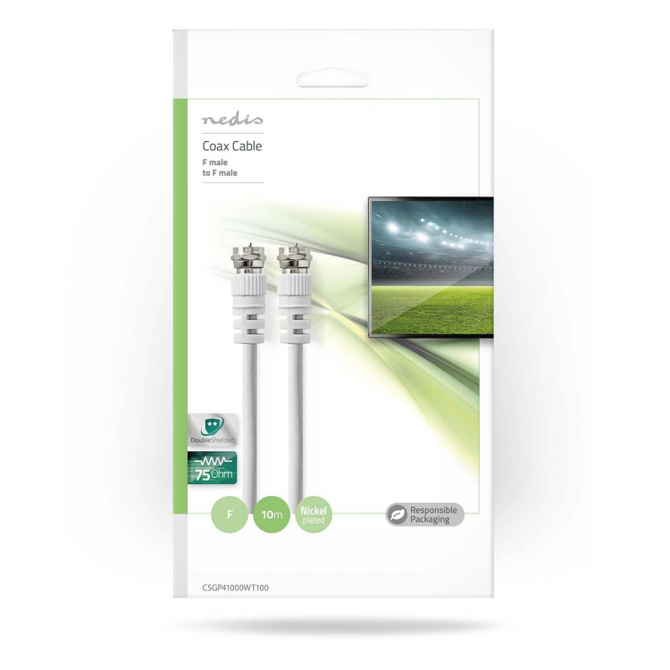 Nedis Satellite & Antenna Cable | F Male | F Male | Nickel Plated | 75 Ohm | Double Shielded | 10.0 m | Round | PVC | White | Polybag
