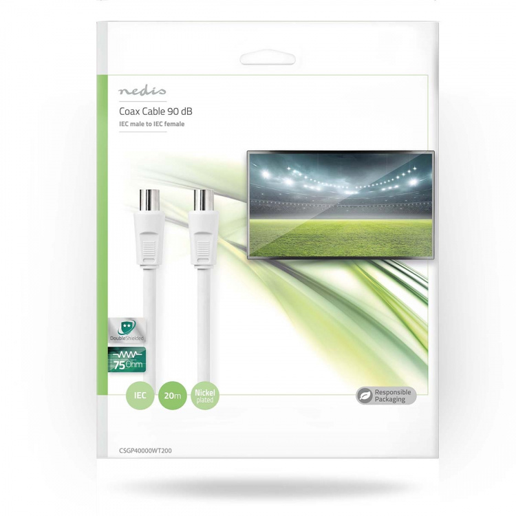 Nedis Coax Cable | IEC (Coax) Male | IEC (Coax) Female | Nickel Plated | 90 dB | 75 Ohm | Double Shielded | 20.0 m | Round | PVC | White | Envelope Nedis Coax Cable | IEC (Coax) Male | IEC (Coax) Female | Nickel Plated | 90 dB | 75 Ohm | Double Shielded | 20.0 m | Round | PVC | White | Envelope