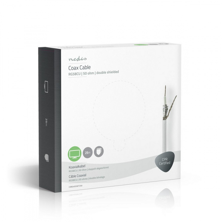 Nedis Coax Cable On Reel | RG58C/U | 50 Ohm | Double Shielded | ECA | 25.0 m | Coax | PVC | White | Gift Box