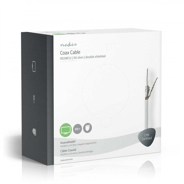 Nedis Coax Cable On Reel | RG58C/U | 50 Ohm | Double Shielded | ECA | 50.0 m | Coax | PVC | White | Gift Box