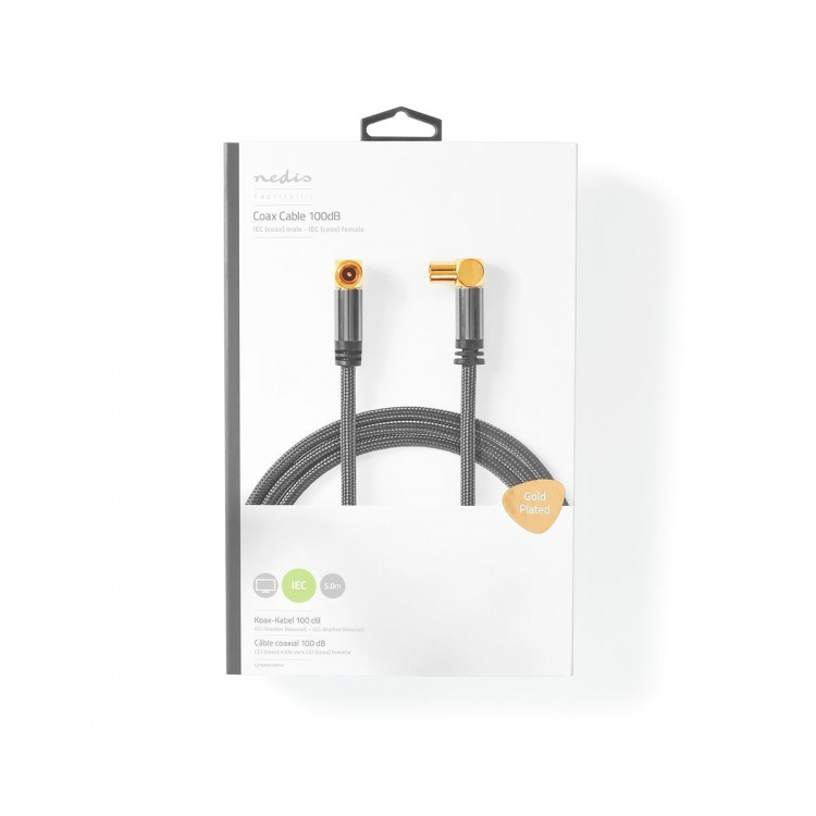 Nedis Coax Cable | IEC (Coax) Male | IEC (Coax) Female | Gold Plated | 75 Ohm | Quad Shielded | 5.00 m | Round | Cotton | Grey / Gun Metal Grey | Cover Window Box Nedis Coax Cable | IEC (Coax) Male | IEC (Coax) Female | Gold Plated | 75 Ohm | Quad Shielded | 5.00 m | Round | Cotton | Grey / Gun Metal Grey | Cover Window Box