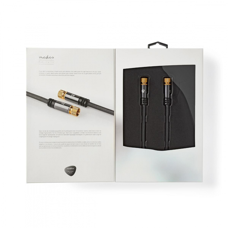 Nedis Satellite & Antenna Cable | F Male | F Male | Gold Plated | 75 Ohm | Quad Shielded | 5.00 m | Round | Cotton | Grey / Gun Metal Grey | Cover Window Box Nedis Satellite & Antenna Cable | F Male | F Male | Gold Plated | 75 Ohm | Quad Shielded | 5.00 m | Round | Cotton | Grey / Gun Metal Grey | Cover Window Box