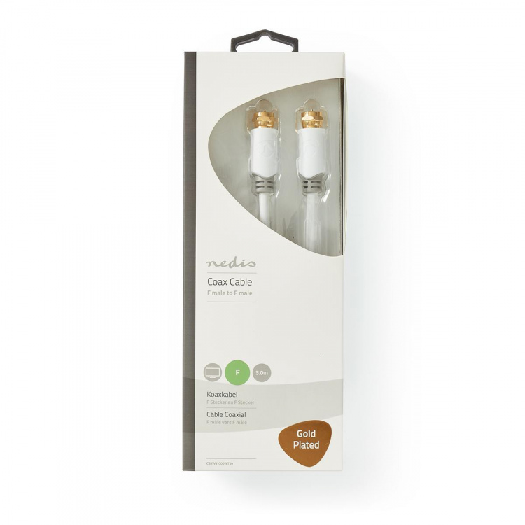 Nedis Satellite & Antenna Cable | F Male | F Male | Gold Plated | 90 dB | 75 Ohm | Single Shielded | 3.00 m | Round | PVC | White | Box Nedis Satellite & Antenna Cable | F Male | F Male | Gold Plated | 90 dB | 75 Ohm | Single Shielded | 3.00 m | Round | PVC | White | Box