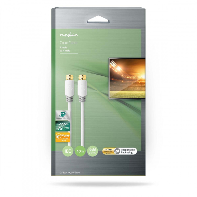 Nedis Satellite & Antenna Cable | F Male | F Male | Gold Plated | 75 Ohm | Single Shielded | 10.0 m | Round | PVC | White | Window Box Nedis Satellite & Antenna Cable | F Male | F Male | Gold Plated | 75 Ohm | Single Shielded | 10.0 m | Round | PVC | White | Window Box