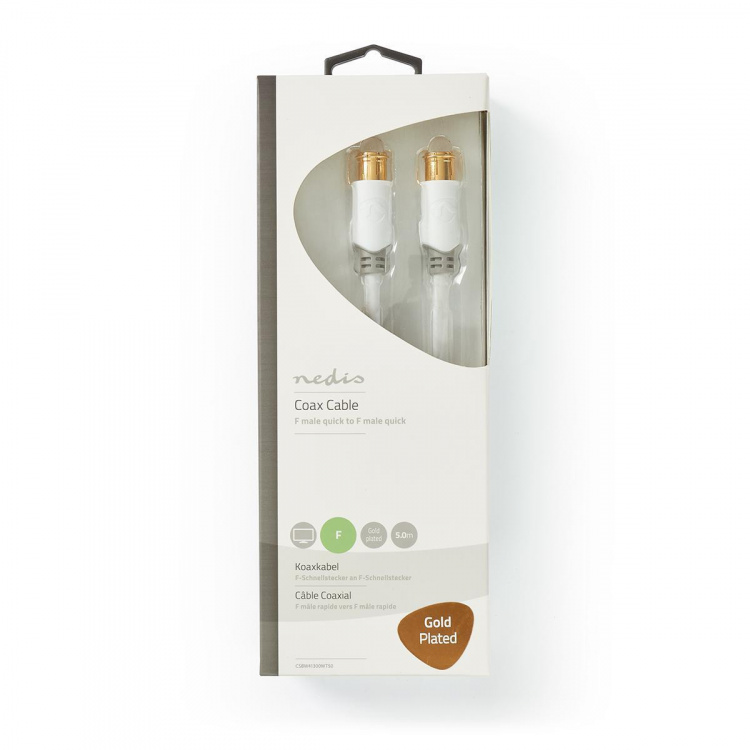 Nedis F Quick - F Quick Cables | F Male Quick | F Male Quick | Gold Plated | 75 Ohm | Double Shielded | 5.00 m | Round | PVC | White | Window Box