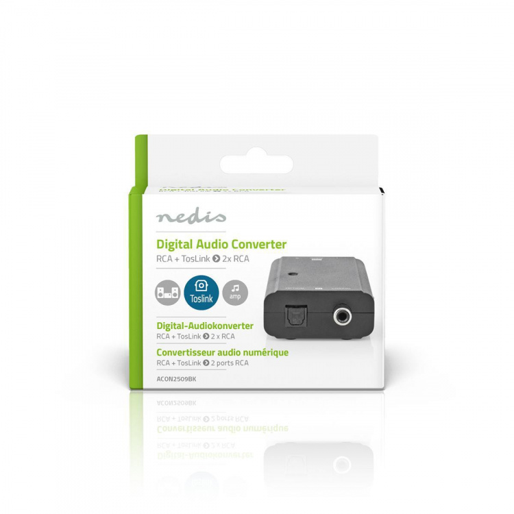 Nedis Digital Audio Converter | 2-way | Audio / video / data connections input: 1x S/PDIF (RCA) Female / 1x Toslink Female | Audio / video / data connections output: 2x RCA Male | Manual | Black