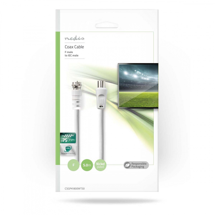 Nedis Satellite & Antenna Cable | F Male | IEC (Coax) Male | Nickel Plated | 30 dB | 75 Ohm | Double Shielded | 5.00 m | Round | PVC | White | Envelope Nedis Satellite & Antenna Cable | F Male | IEC (Coax) Male | Nickel Plated | 30 dB | 75 Ohm | Double Shielded | 5.00 m | Round | PVC | White | Envelope