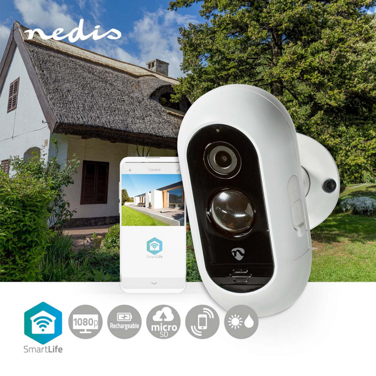 Nedis SmartLife Outdoor Camera | Full HD 1080p | IP65 | Max. battery life: 6 Months | Cloud Storage (optional) / microSD (not included) | 5 V DC | With motion sensor | Night vision | White
