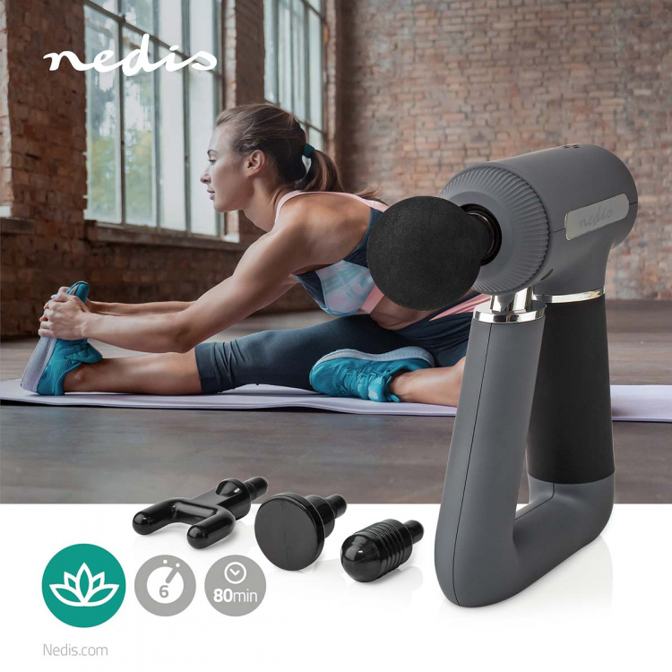 Nedis Sports Massage Gun | Battery Powered | N/A | Rechargeable | 6 Massage Modes | USB Cable | Grey