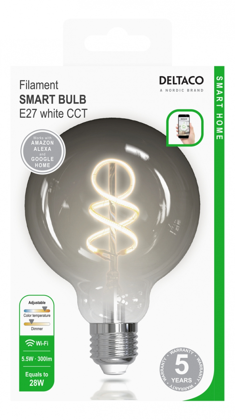 DELTACO SMART HOME FILAMENT LED-lampa, E27, WiFI, 5.5W, 1800K-6500K