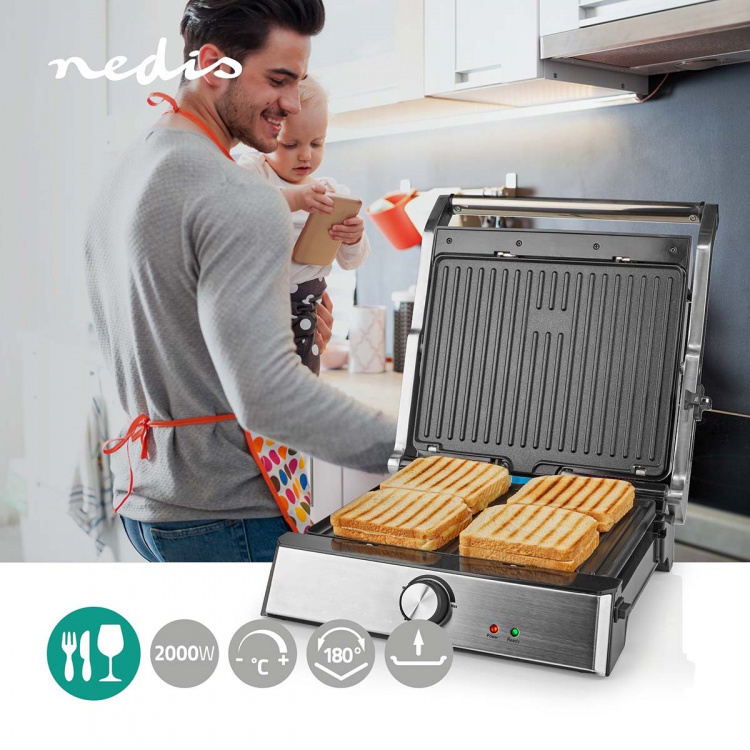 Nedis Contact Grill | 2000 W | 29 x 23 cm | Adjustable temperature control | Plastic / Stainless Steel