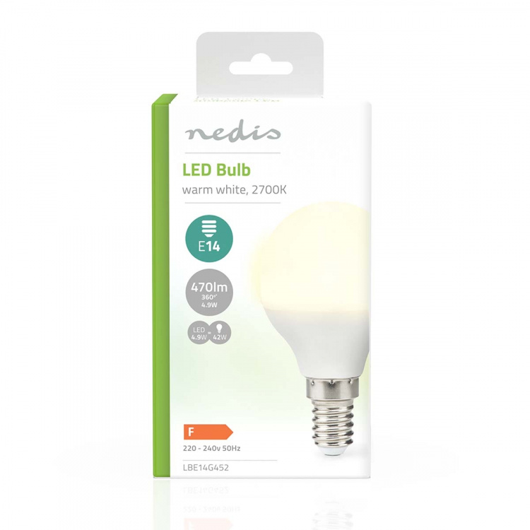 Nedis LED Bulb E14 | G45 | 4.9 W | 470 lm | 2700 K | Warm White | Frosted | 1 pcs Nedis LED Bulb E14 | G45 | 4.9 W | 470 lm | 2700 K | Warm White | Frosted | 1 pcs