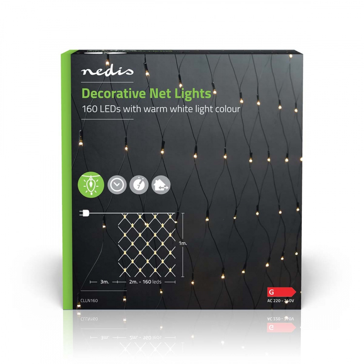 Nedis Decorative Net Lights | Warm White | 160 LED\'s | 2 x 1 m | Indoor & Outdoor | Mains Powered Nedis Decorative Net Lights | Warm White | 160 LED\'s | 2 x 1 m | Indoor & Outdoor | Mains Powered