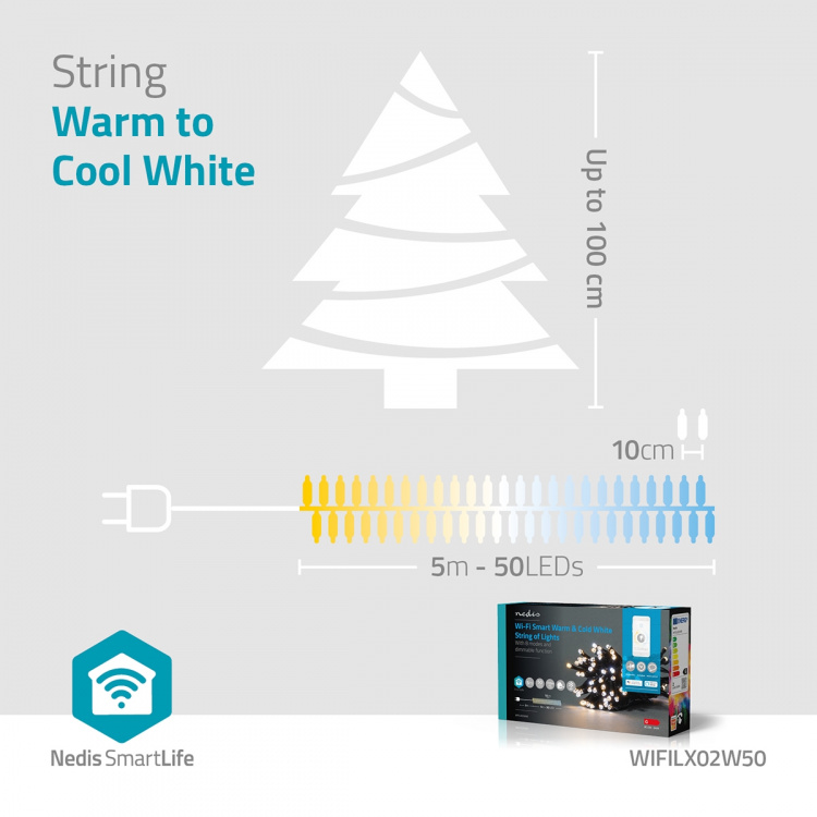 Nedis Smart Christmas lights | Wi-Fi | Warm to Cool White | 50 LED\'s | 5.00 m | Android™ / IOS