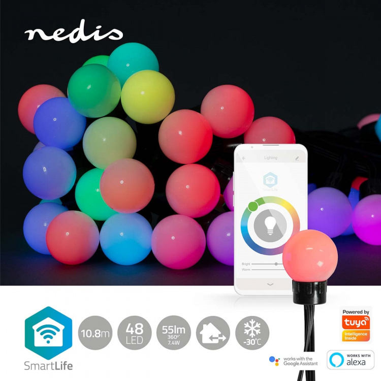 Nedis Smart Christmas lights | Wi-Fi | RGB | 48 LED\'s | 10.8 m | Android™ / IOS | Bulb diameter: 30 mm