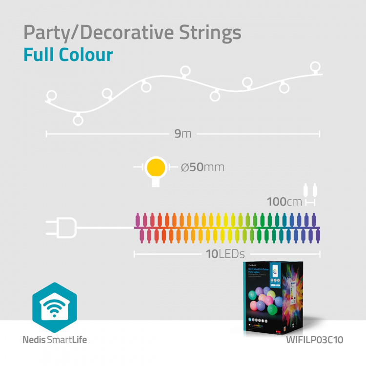 Nedis SmartLife Decorative Lights | Party Lights | Wi-Fi | RGB / White | 10 LED\'s | 9.00 m | Android™ / IOS | Bulb diameter: 50 mm