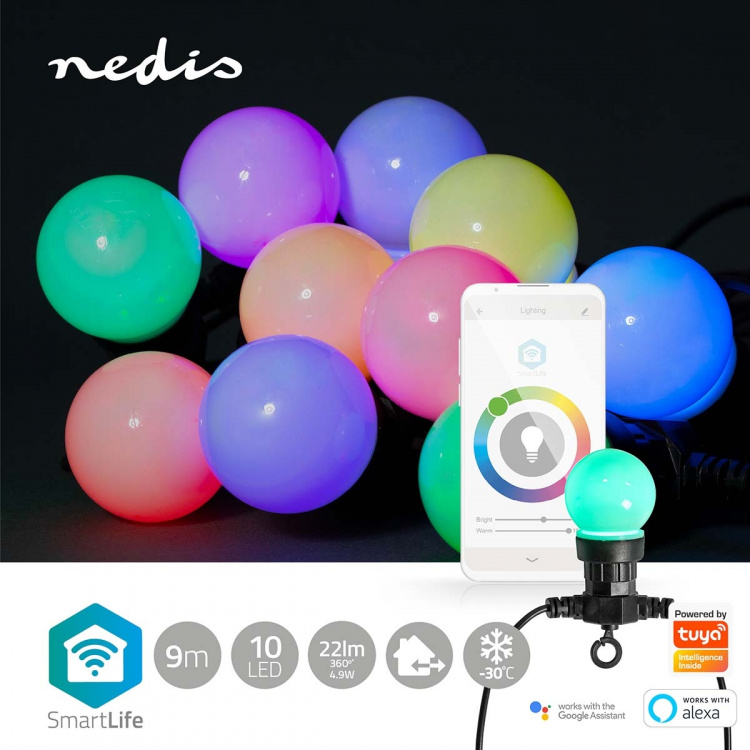 Nedis SmartLife Decorative Lights | Party Lights | Wi-Fi | RGB / White | 10 LED\'s | 9.00 m | Android™ / IOS | Bulb diameter: 50 mm