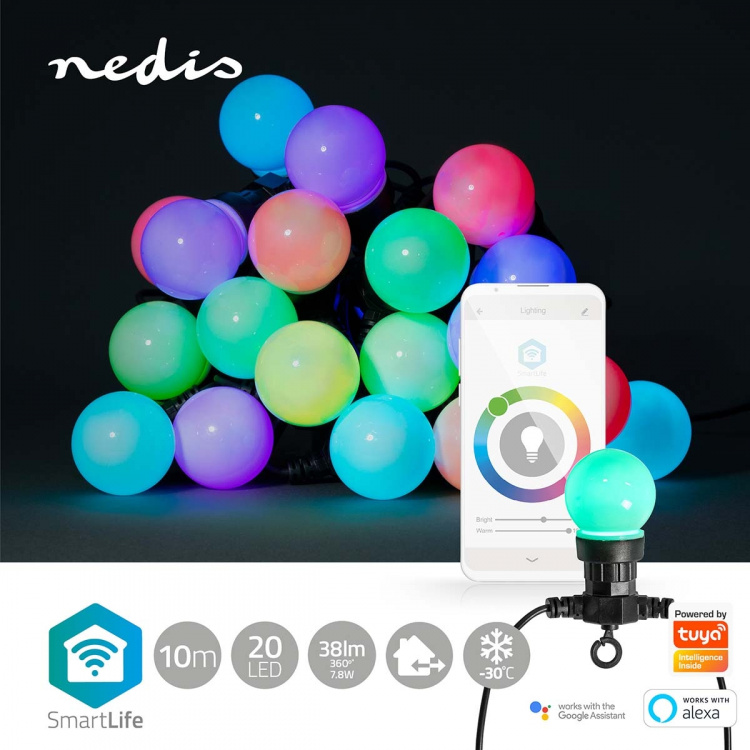 Nedis SmartLife Decorative Lights | Party Lights | Wi-Fi | RGB / White | 20 LED\'s | 10 m | Android™ / IOS | Bulb diameter: 50 mm Nedis SmartLife Decorative Lights | Party Lights | Wi-Fi | RGB / White | 20 LED\'s | 10 m | Android™ / IOS | Bulb diameter: 50 mm