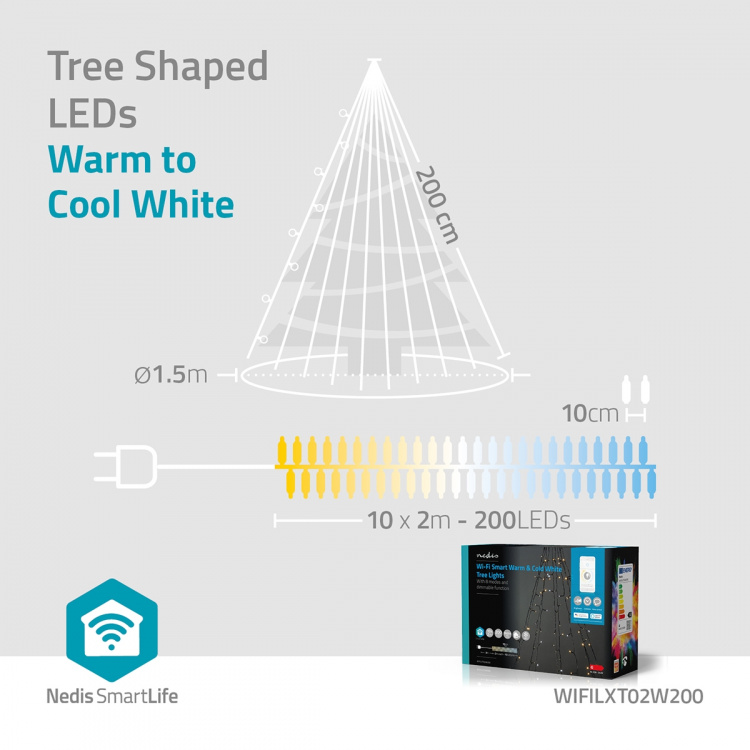 Nedis Smart Christmas lights | Wi-Fi | Warm to Cool White | 200 LED\'s | 20.0 m | 10 x 2 m | Android™ / IOS