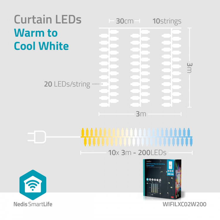 Nedis Smart Christmas lights | Wi-Fi | Warm to Cool White | 200 LED\'s | 3 m | Android™ / IOS
